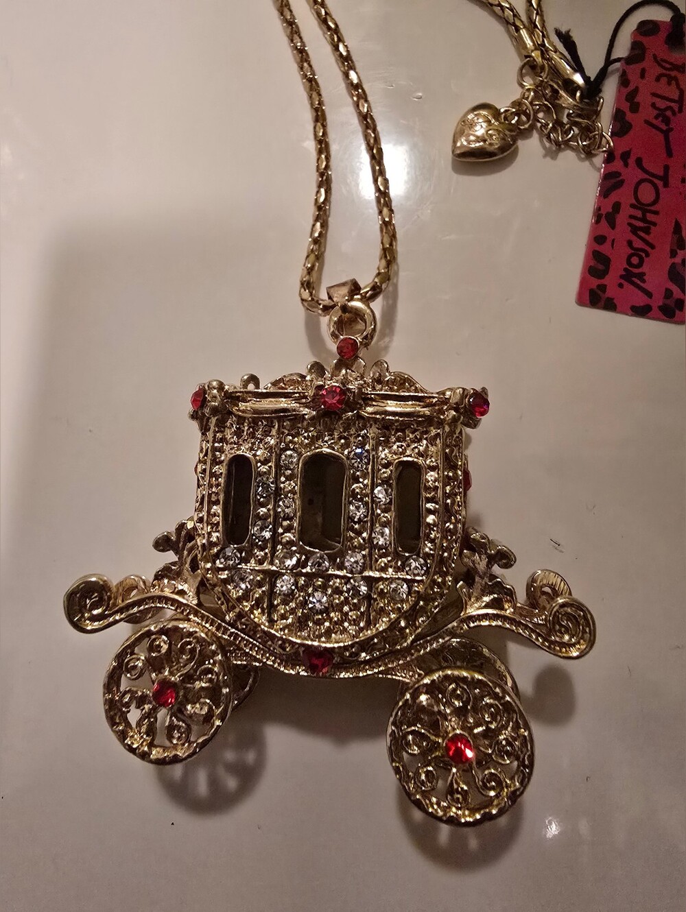 Betsey Johnson Gold and Red Jeweled Carriage Pendant Necklace